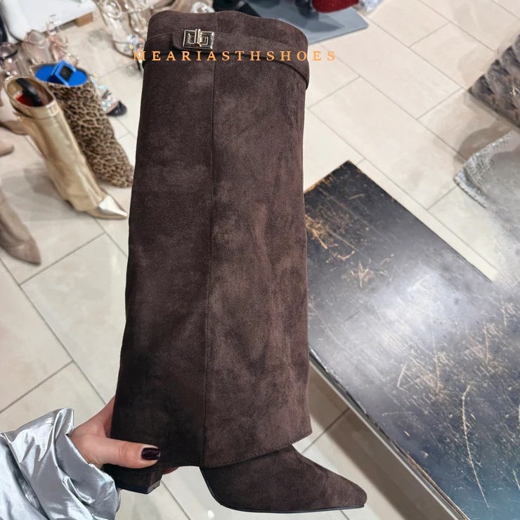 Women'S Fashion Winter 2025 - Frauen Blockabsatz Kniehohe Stiefel Spitzschuh Schwarz