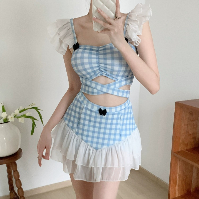 Women Fashion Korean - Damen-Badeanzug zum Abnehmen, Neckholder-Badeanzug, niedlicher Retro-Badeanzug