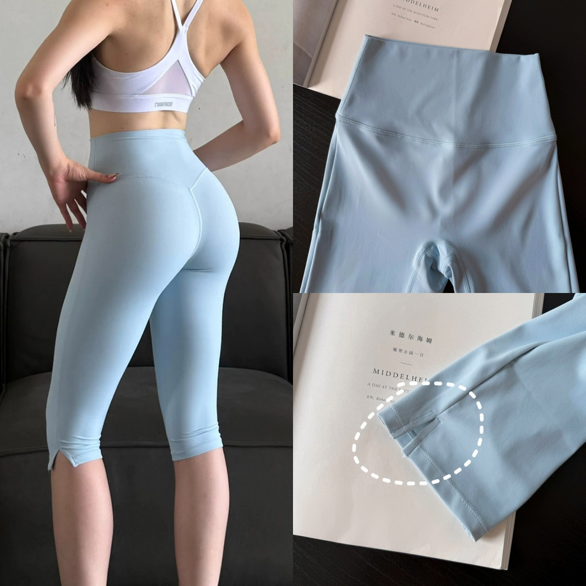 High Waist Leggings - Hochgeschnittene Capri-Leggings mit Schlitz am Saum,
