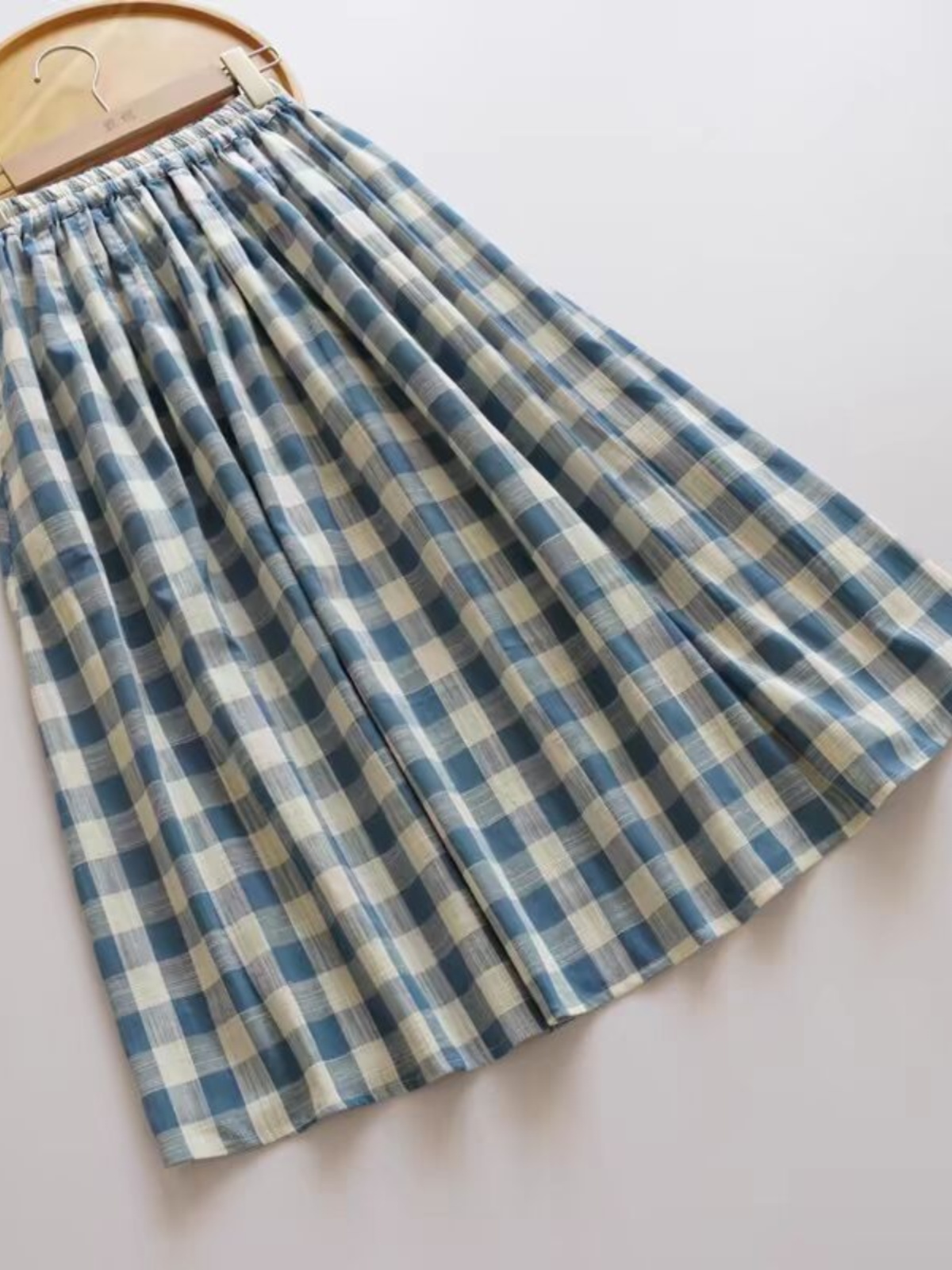 Women'S Fashion Kilt - Lockerer Midi-Rock aus blauem Karo-Bambus-Baumwollmischgewebe für
