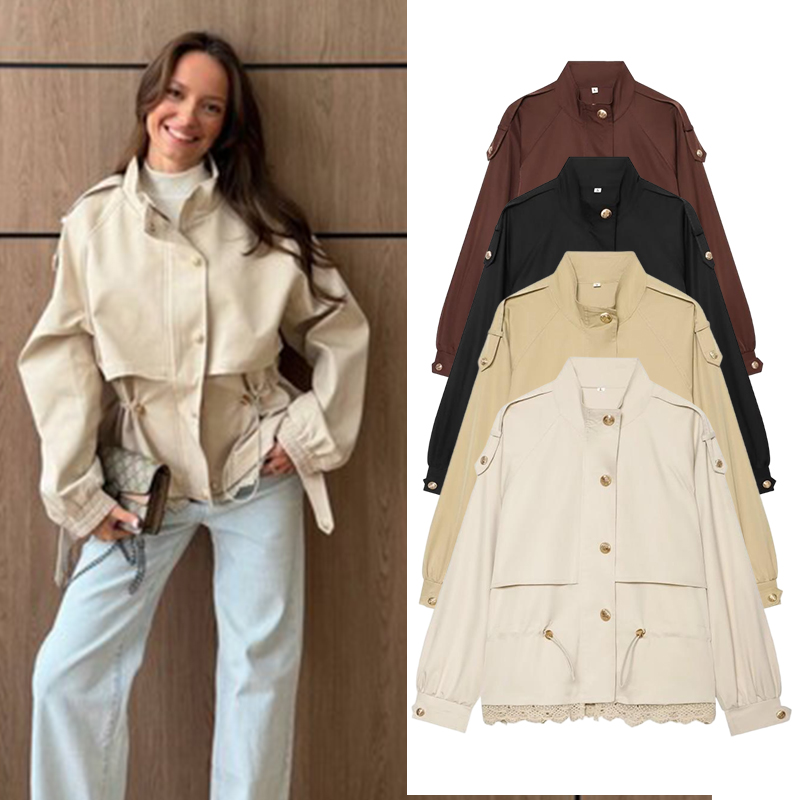 Women'S Fashion Utility Jacket - Damen-Utility-Jacke mit Spitzenbesatz, Stehkragen, kurzer Mantel