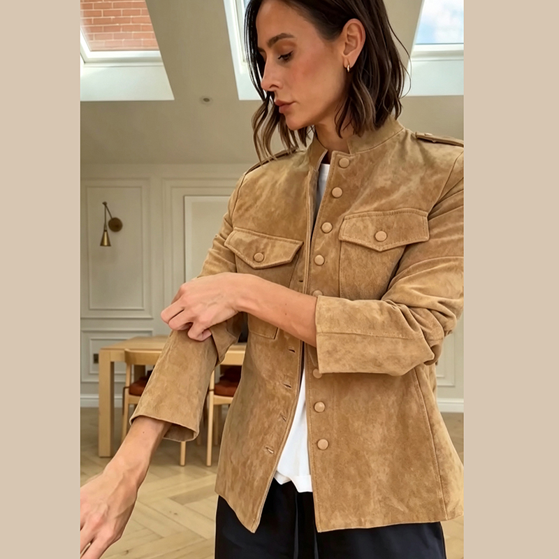Women'S Fashion Utility Jacket - Damen Kunstwildleder Kurze Jacke Stehkragen Vollständige