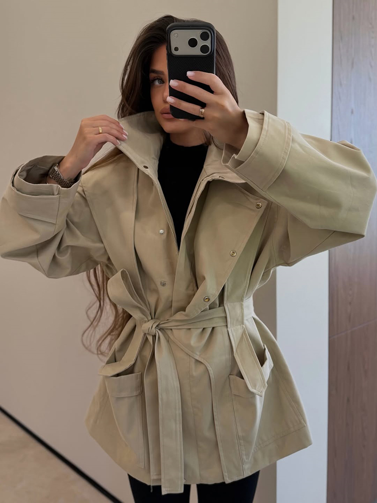 Women'S Fashion Utility Jacket - Damen Kurzer Trenchcoat mit Gürtel, Stehkragen,