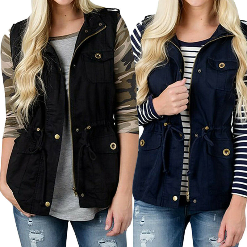 Women'S Fashion Utility Jacket - Mode Frauen Weste Olive Cargo Utility