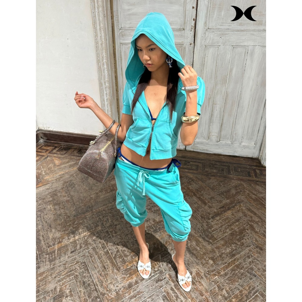 Women Fashion Korean - Amerikanischer Street-Style Spice-Girl-Kurzarm-Kapuzenjacke mit Reißverschluss und