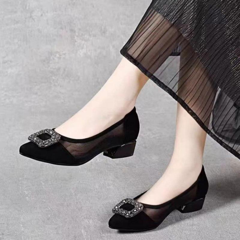 Women Fashion Store - Elegante Spitze Mesh-Pumps mit Blockabsatz, Strass-Quadratschnalle